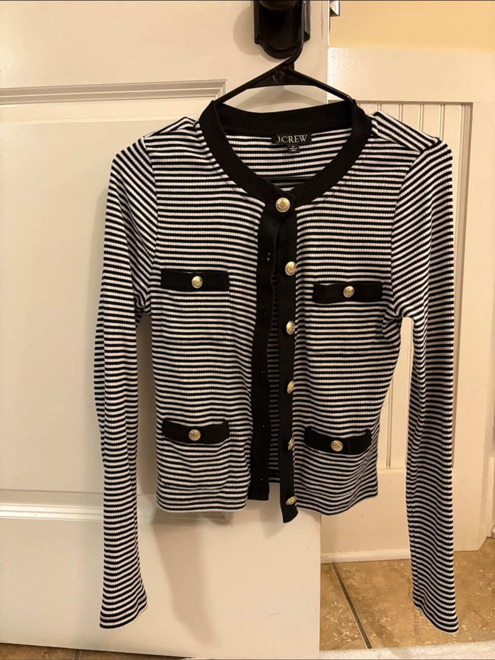 J. Crew Black and White Striped Button-Front Cardigan with gold buttons